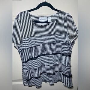 Alfred Dunner Shirt Womens Large Black White Short Sleeve Stretch Layered Ladies